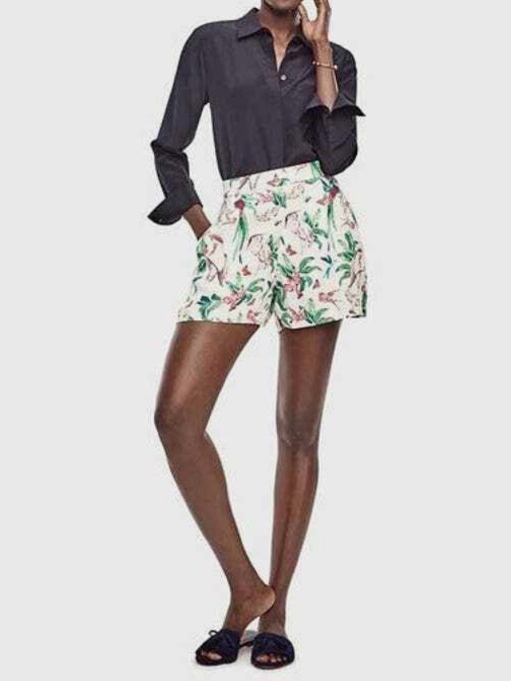 Ann Taylor Floral Birds of Paradise High-Waist Shorts with Green & Pink Print